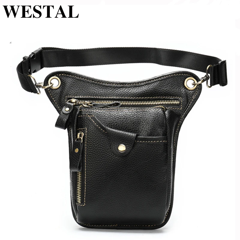 WESTAL Genuine Leather leg bag in Waist Pack motorcycle Fanny Pack Belt Bags Phone Pouch Travel Male Small leg bag tactical 9667