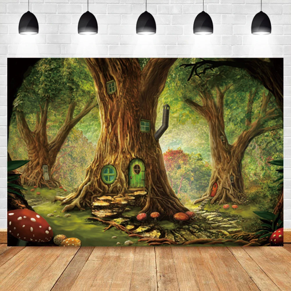 

Laeacco Fairy Tale Forest Book House Mushroom Baby Birthday Room Decor Backdrop Photographic Photo Background For Photo Studio