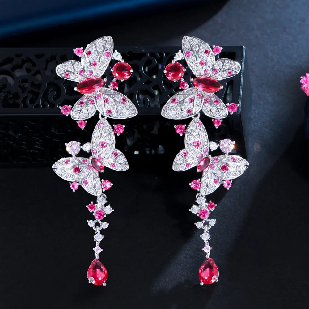 CWWZircons Shiny Pink Red Cubic Zircon Long Dangle Butterfly Earrings Luxury Women Party Wedding Jewelry Accessories Gift CZ011