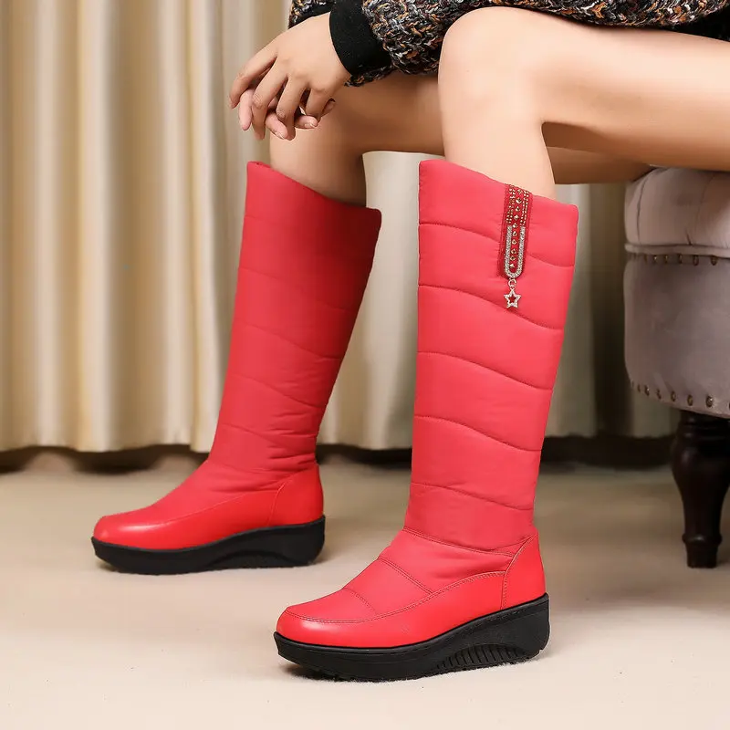 Botas de nieve de invierno para mujer, botas hasta la rodilla, zapatos de plataforma impermeables de cristal y estrella de felpa cálidos, calzado de