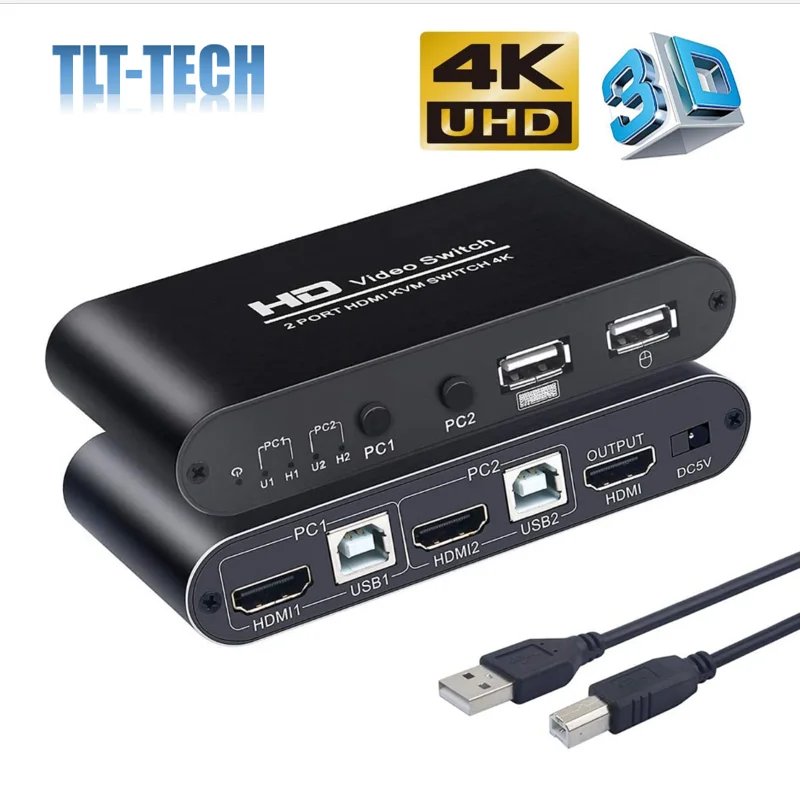 

KVM HDMI Switch USB Switch 4K HDMI Switcher Box 2 In 1 Out For 2 Computers Share Keyboard And Mouse Support 4K@30Hz 3D