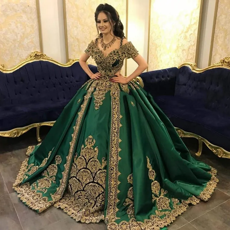 Abiti da sera da sera in due pezzi verde scuro Applique in oro caftano caftano arabo Dubai Abaya abito da ballo De Mariage