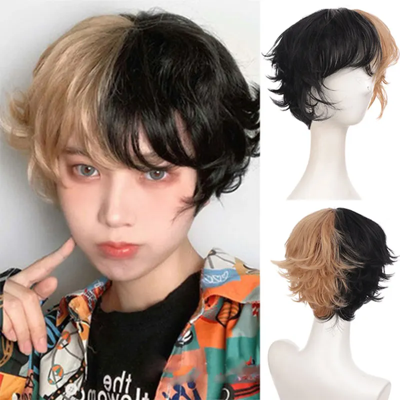 AOOSOO Men's Synthetic Wig With Bangs Short Heat-Resistant Wig Powder Purple Natural Straight Hair Cosplay Black and White C