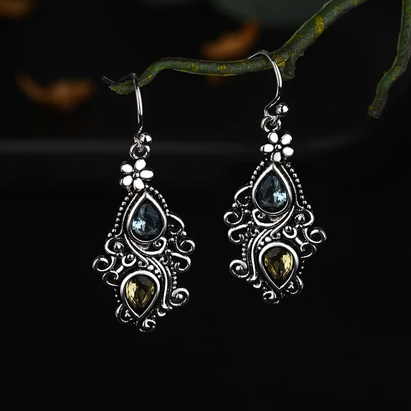 JoiasHome 925 Earrings Vintage Ethnic Blue Sea Topaz Creative Passion Flower Water Drop Pear Shaped Earrings