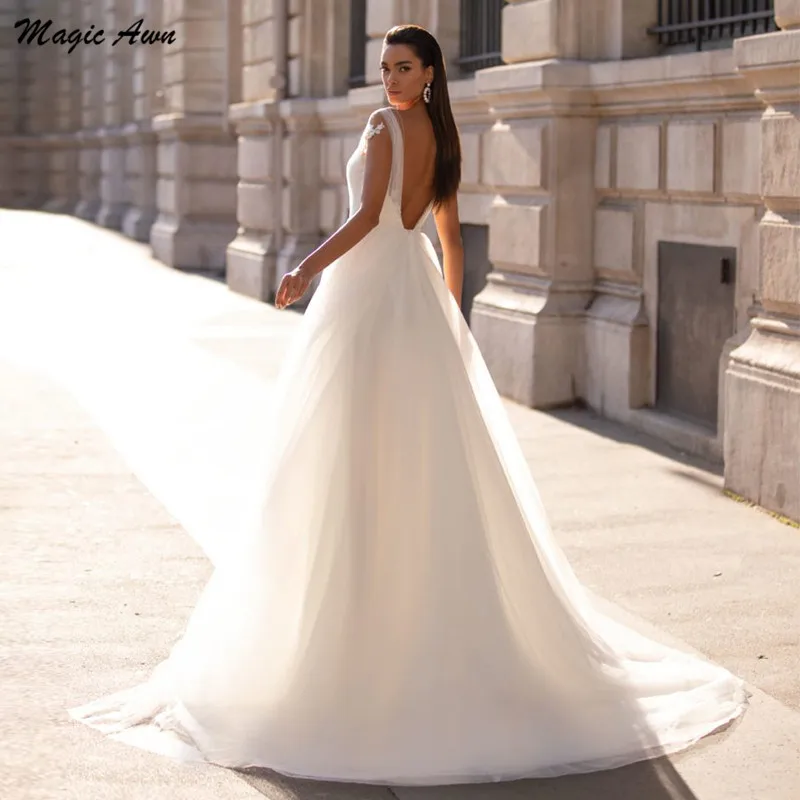 Magic Awn-vestidos De novia elegantes De tul con Espalda descubierta, ropa De novia Bohemia con apliques De encaje, ilusión, línea A, personalizada