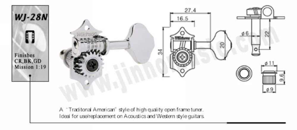 Wilkinson WJ-28N Vintage 1:19 Open Gear Tuning Pegs Gear Butterbean Guitar Machine Heads Tuners Gold Golden