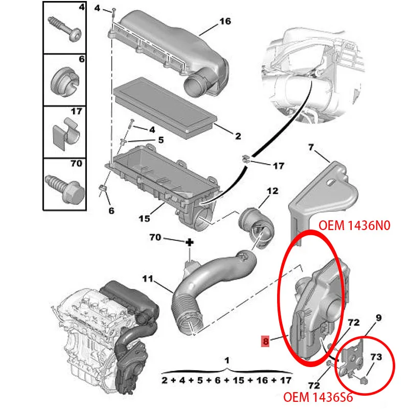 Suitable for Citroen C4 C4L DS 5 5LS 6 Peugeot 308 408 3008 RCZ 5008 Air Filter Air Hose Air Resonator 1436N0 1436S6 Bracket