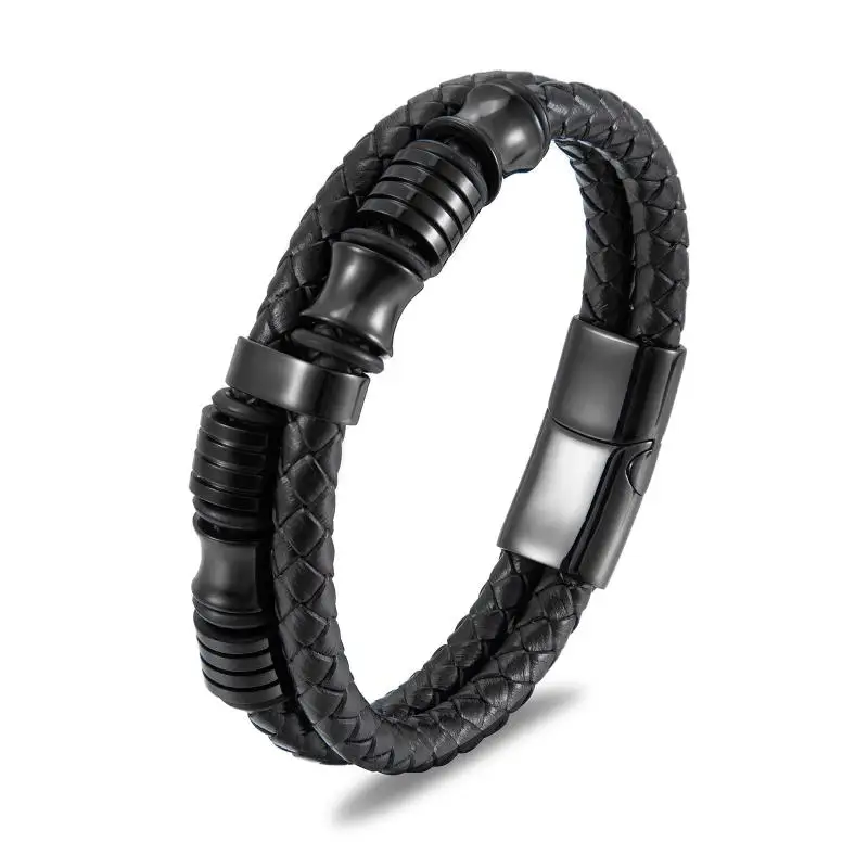 

Double Layer Woven Leather Wrap Bracelets for Men Classic Metal Magnetic Clasp Business Bracelet Man Handsome Gift