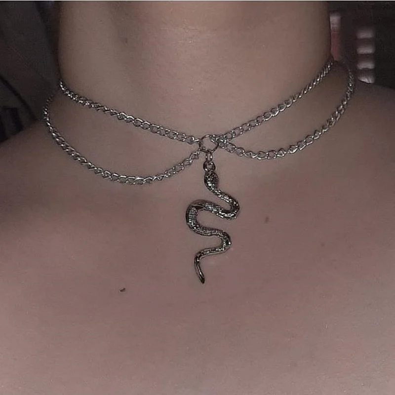 Kpop Women Neck Chain Snake Choker Necklaces On The Neck Double Layer Pendant Jewelry 2021 Chocker Collar For Girls Checker Goth