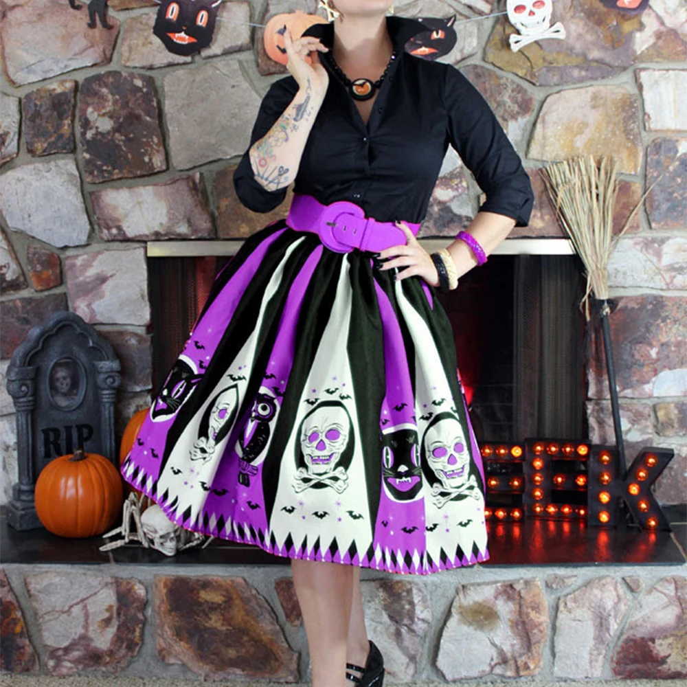 Frauen Vintage Halloween Rock Retro Poker Gesicht Schädel Plus Größe Rock Hohe Taille Gefaltete Ballkleid Lange Röcke