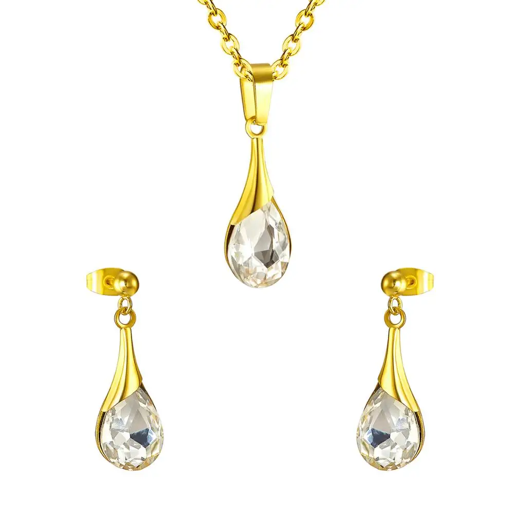 LUXUKISSKIDS Stainless Steel Dubai Golden Jewelry Sets Shiny Water Drop Shape Zircon Pendant Necklace and Earrings For Women