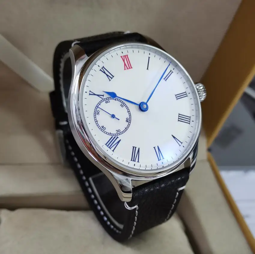 GEERVO No logo 44mm Manual mechanical men's Watch White enamel dial Roman number Blue heart-shaped hand ST3600-2 Movement