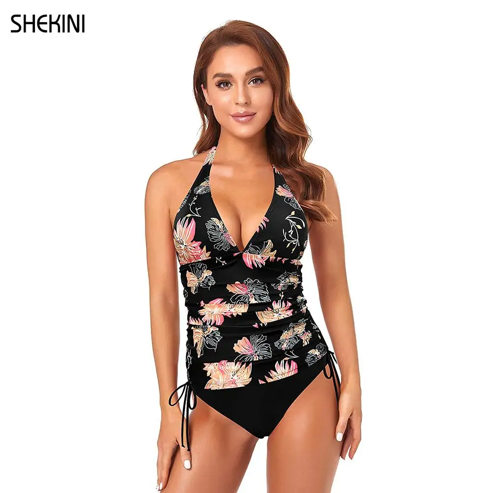 

SHEKINI Women's Floral Printed Halter V Neck Ruched Tankini Set Side Pull Tie Two Piece Swimsuits Bathing Suits Beach Swimwear