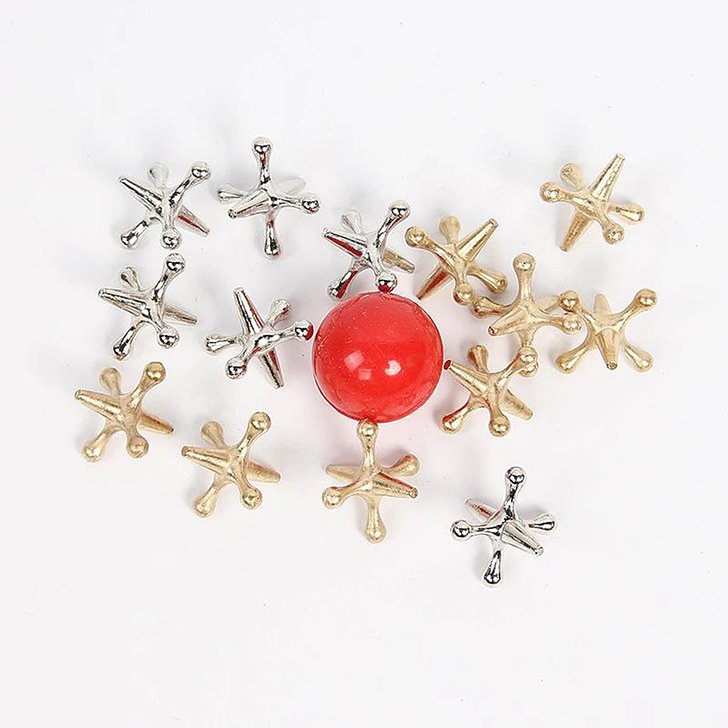 Jack Games- 10 Pcs Gold and Silver Metal Jacks 1 Red Rubber Bouncy Balls Classic Game of Jacks for Party Favor Kids and Adult