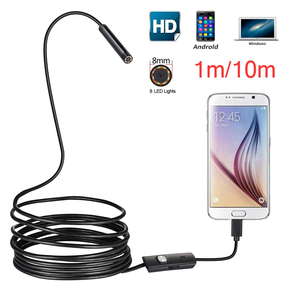 Caméra endoscope USB avec câble rigide, objectif 8mm, 1m, 2m, 5m, 10m, Android, lumière LED, caméra endoscopique pour PC, téléphone Android