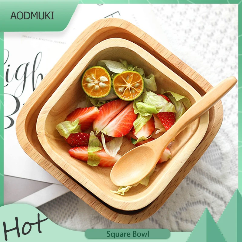 Minimalism Japanese-Style Home Square Log-Wooden Creative Fruit Salad Bowl Large Tableware Dinnerware Plate Cutlery for Kitchen