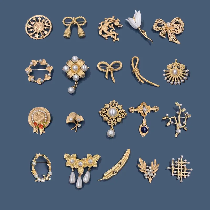 Vintage Gold Color Pearl Baroque Star Moon Bow Tulip Ginkgo Broszka Szpilka Dla Kobiety Retro Pałac Metal Wykwintna Biżuteria Badgses