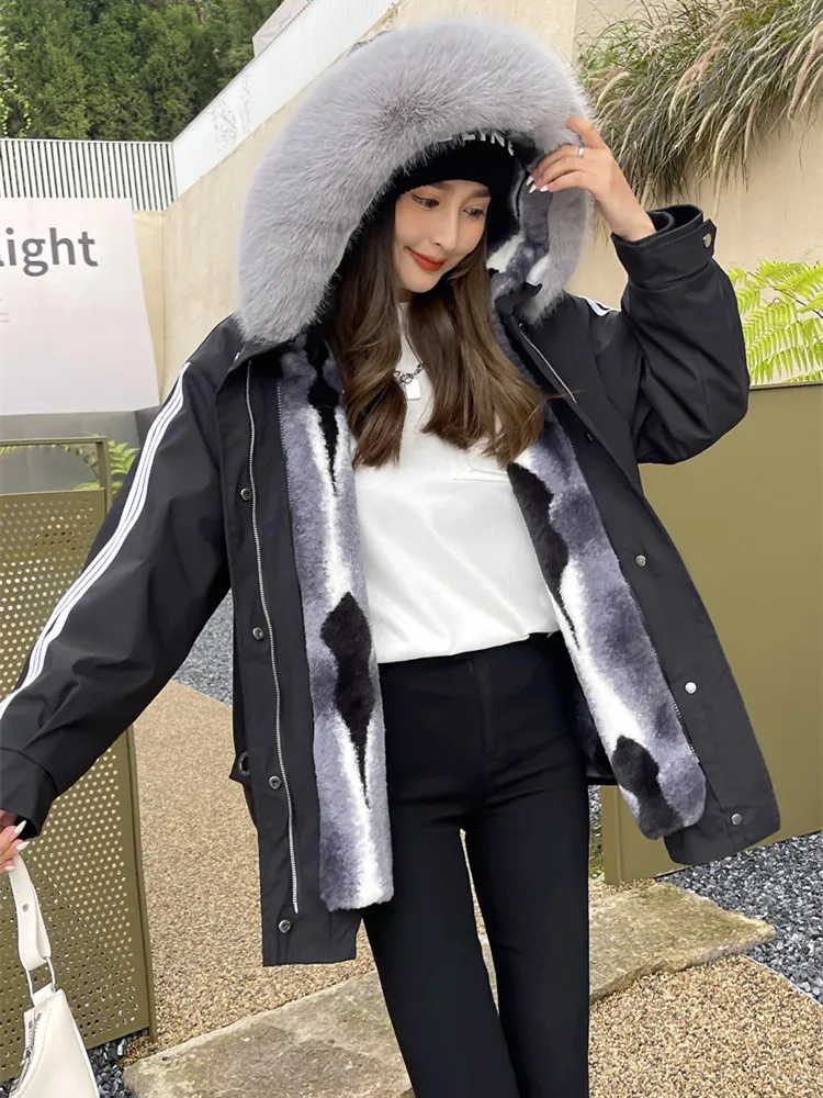 

Fashion Sports Women Parkas Winter New Faux Rex Rabbit Fur Liner Detachable Padded Young Lady Fur Coat Furry Thick Warm Jacket