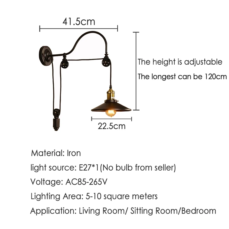 Vintage Retro Loft Wall Lamp Adjustable Iron Lifting Pulley Lamp Bedroom Study Office Restaurant Cafe Light Bra Wall Sconce