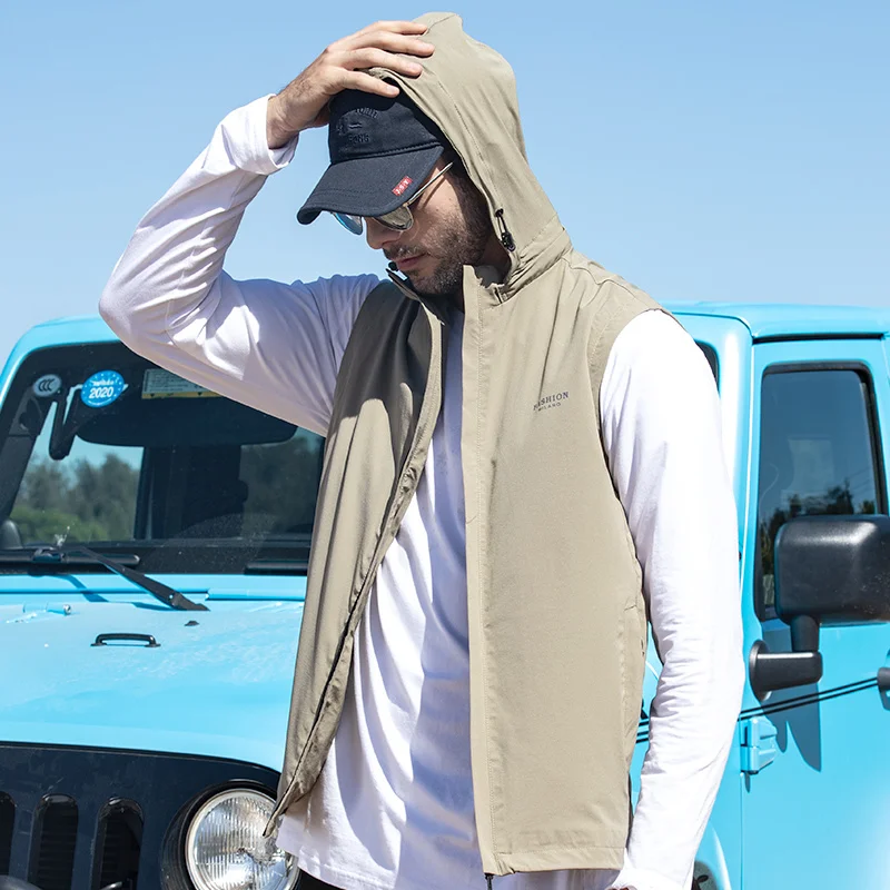 New Spring And Autumn Vest Men's Thin Work Clothes Travel Sports Casual Fashion Detachable Hat Vest