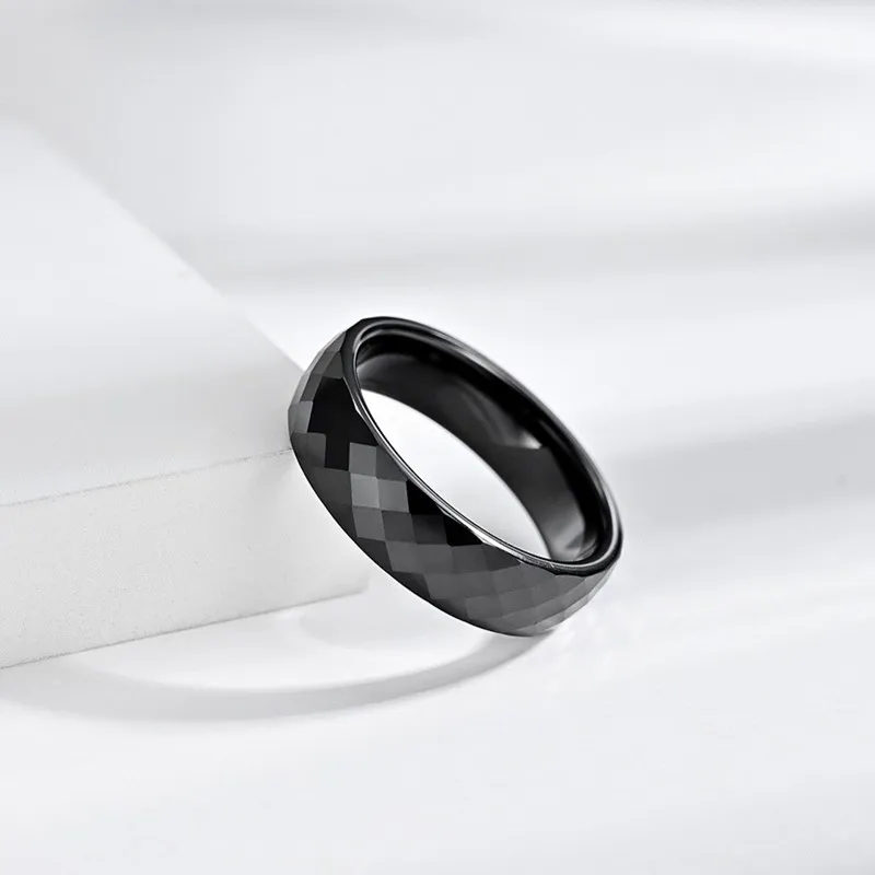 6mm Black Faceted Ceramic Ring Wedding Band for Men Women Size 7-12