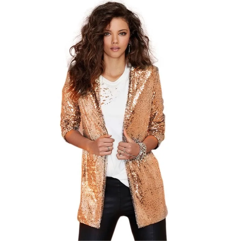 Blazer à Paillettes Élégant pour Femme, Veste à Manches sulf, Couleur Or, Argent, Noir, Combinaison Trempée, Boîte de Nuit, Paillettes Brillantes,