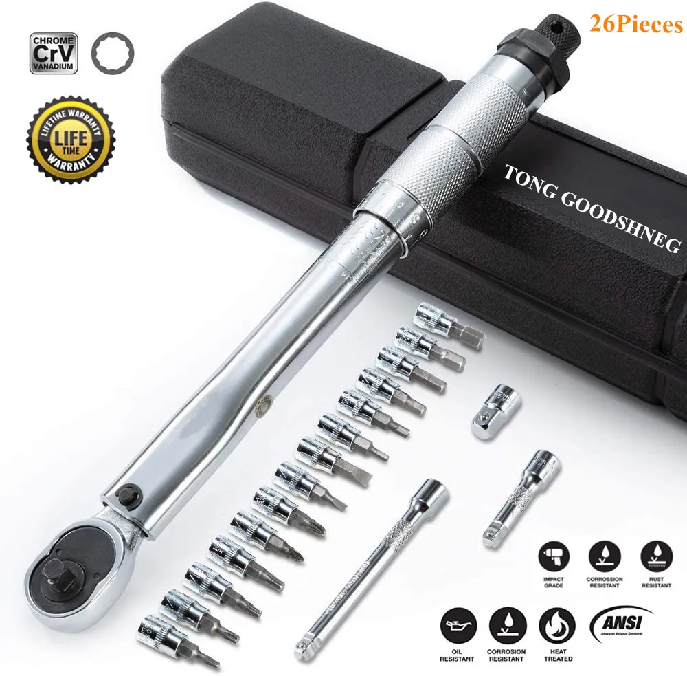 

5-25Nm 26PCS Adjustable Preset Torque Wrenches Set Mountain Hexagon Repair Tool Allen&Torx Sockets,Extension Bar&Box,1/4"1/2"