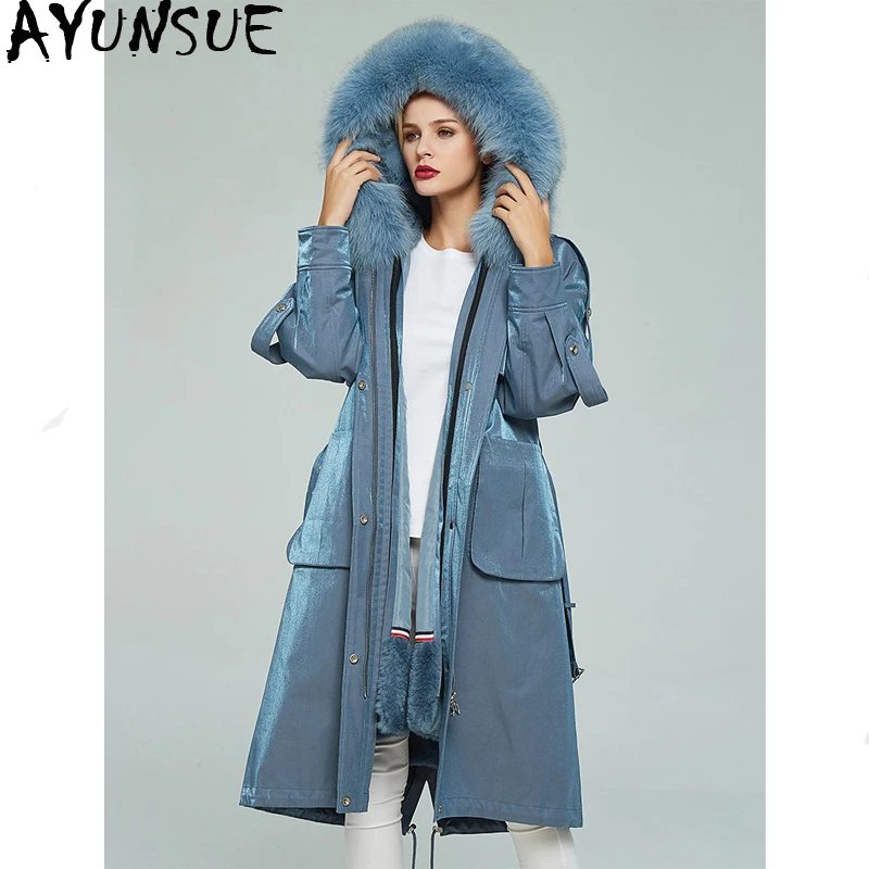 

AYUNSUE Parka Real Fur Coat Female Natural Rabbit Fur Liner Long Trench Coat Winter Jacket Women Fox Fur Collar Warm Overcoat MY