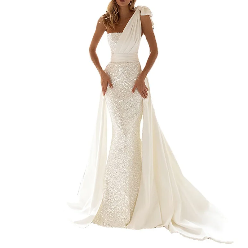 Party Dresses Women Evening Elegant Zipper Back Bridal Gown Dress Sexy One Shoulder Sleeveless Long Luxury Sequin White Dress