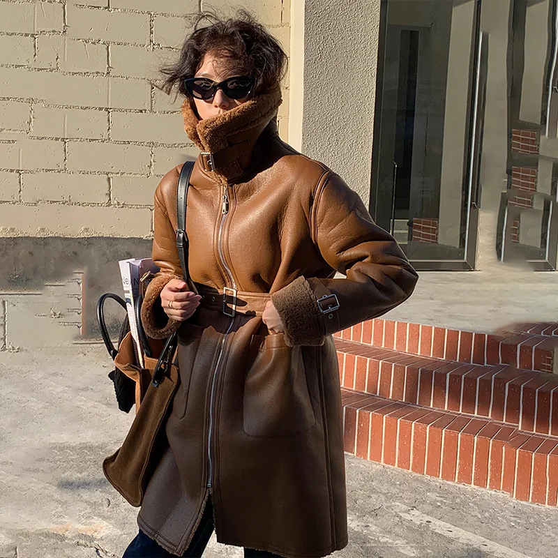 Fall Winter New Fur Coat Women Lambskin Overcoat Thick Warm Mid-length Outwear Belt Pocket Fashion Oversized Fur Jacket Female