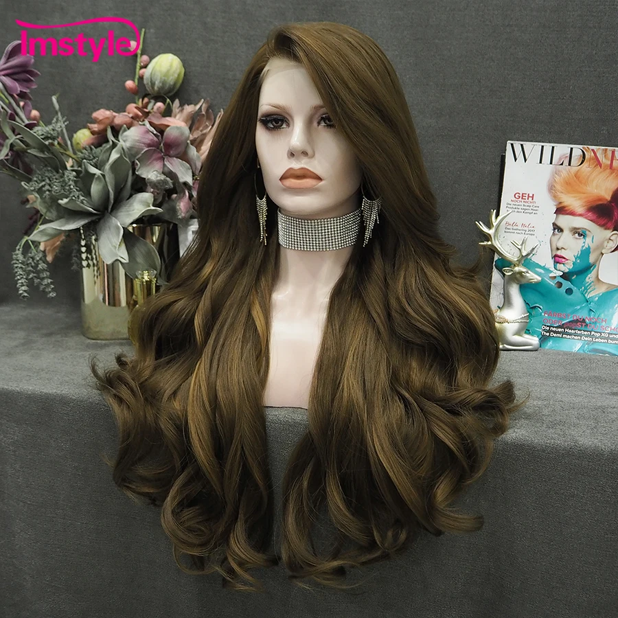 Imstyle Brown Wig Synthetic Lace Front Wig Natural Wavy Long Hair Wigs For Women Heat Resistant Fiber Golden Mixed Daily Wigs