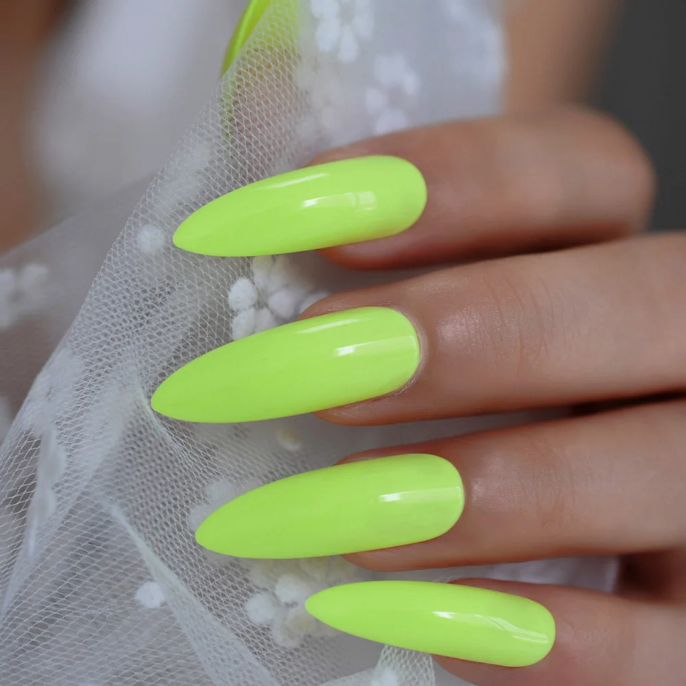 Neon Fluorescent Green Press on False Nails Extra Long Stiletto Pointed Gel Glue On Fake Fingersnails Free Adhesive Tapes