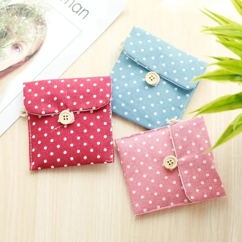 Women Girl Sanitary Napkin Storage Bag Polka Dots Mini Portable Cotton Diaper Hygiene Towel Pocket Coin Purse Jewelry Organizer