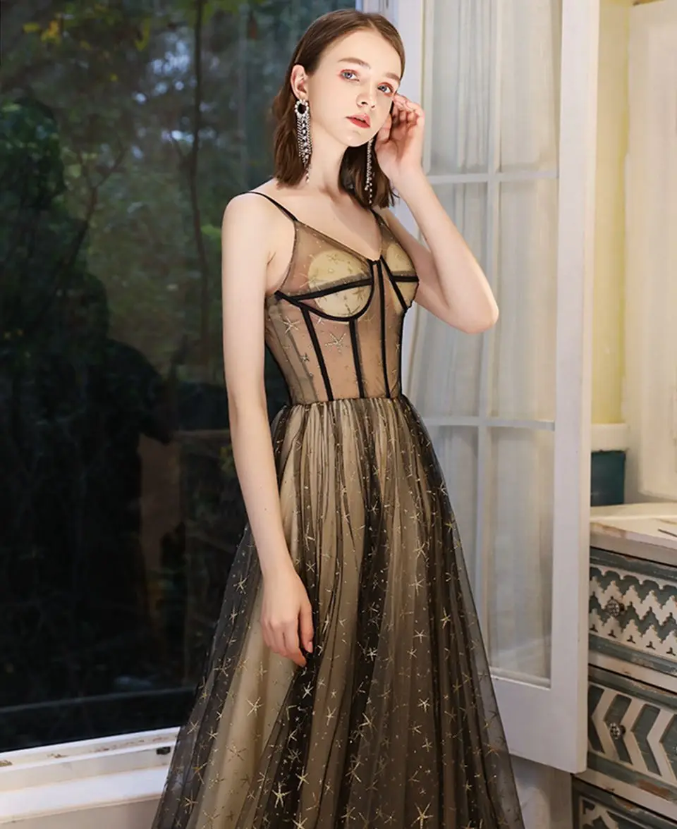 Vintage Gold Black Formal Evening Dresses 2020 Elegant Women Party Night Long Prom Gown A-line Lace-Up Spaghetti Straps Vestidos