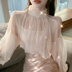 Two Pieces Set Shirt +Tank Spring Women Lace Bottoming Blouse Beading Mesh Shirt Female Lantern Sleeve Blouses Short Tops AB2094