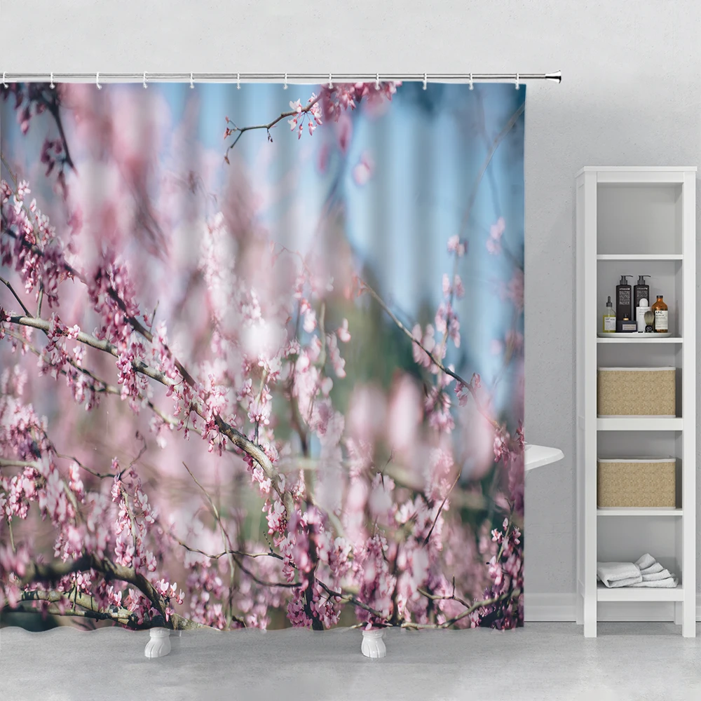 Spring Pear Blossom Bloom Print Shower Curtain Set Hooks Landscape Green Leaf Nature Scenery Bathroom Curtain Polyester Fabric