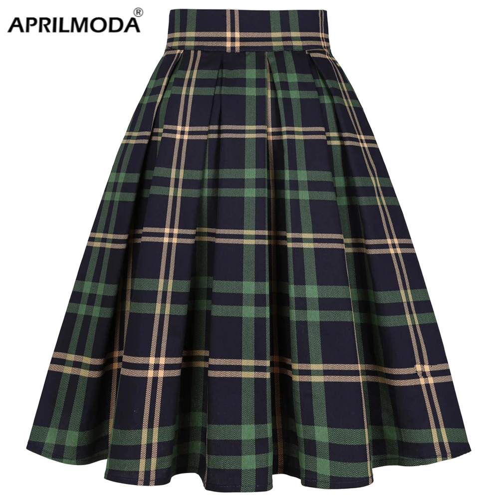 England Style School Skirts Women Summer High Waist Korean Pleated Plaid Printed Girls Retro Vintage Ladies 40s 50s Midi Skirts