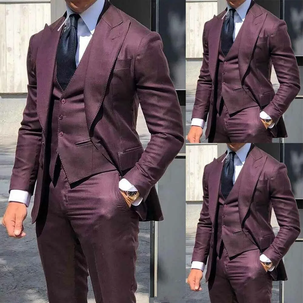 

Dark Wine Red Slim Fit Suits For Mens Suits Wedding Groom Peak Lapel Tuxedos Business Dinner 3 PCS Blazer & Vest & Pants