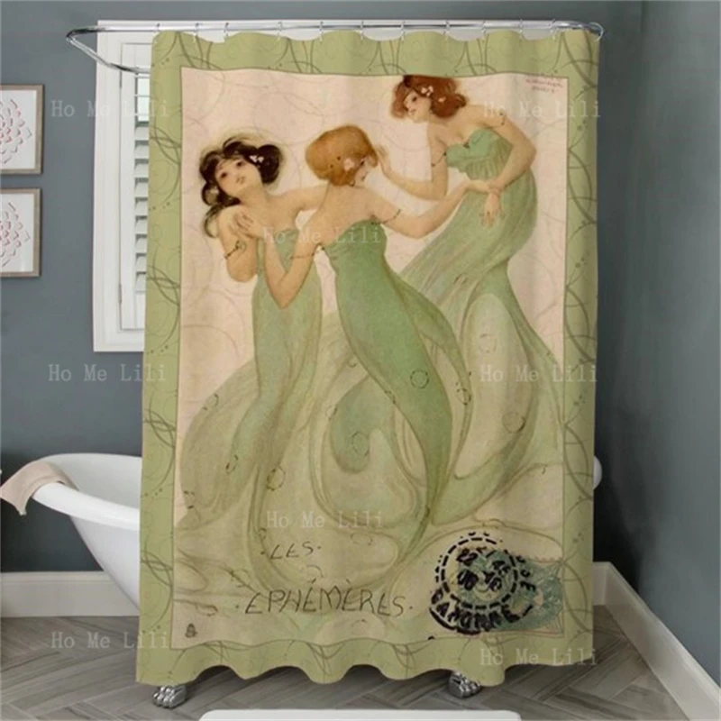 Vintage French Acrobatic Performance Hot Air Balloon Mermaid Women Fish Sea Paris Fairy Free Bicycle Shower Curtain