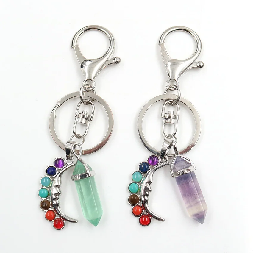 FYSL Silver Plated Lobster Clasp and Circle Crescent Moon Key Chain Hexagon Column Fluorite Stone Jewelry