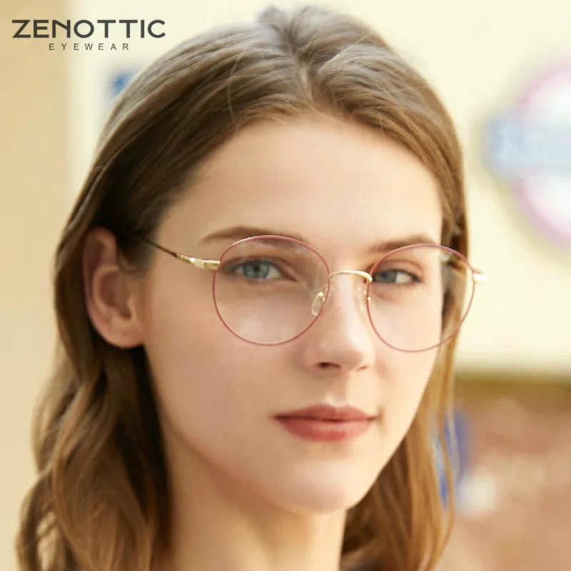 ZENOTTIC Custom Pure Titanium Prescription Glasses Round Anti-Blue-Ray Photochromic Myopia/Hyperopia Optical Eyeglasses Women