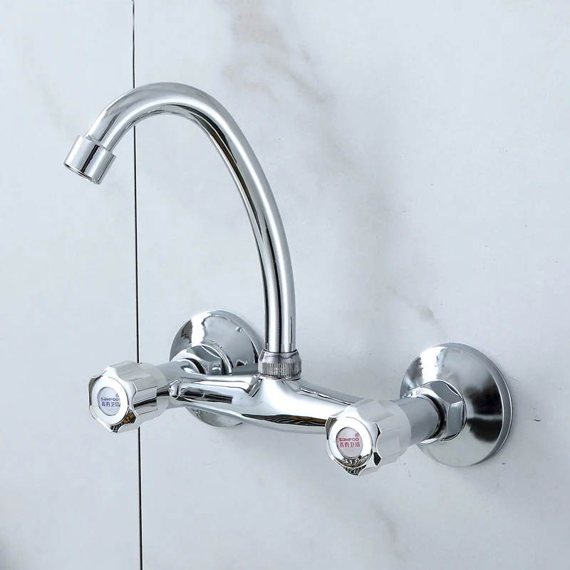 Wall Mounted Kitchen Faucets Dual Handle Double Holes Tap Hot Cold Water Mixer Crane 360 Degree Rotation Swivel Sink Faucet Taps