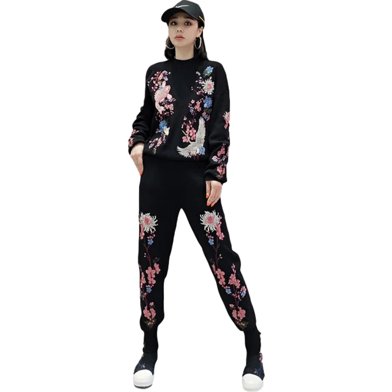 Heavy Work Flower Bird Embroidery Women Knit Tracksuit Outfits Long Sleeve Sweater Trousers Sets Casual Casual Knitwear Suits