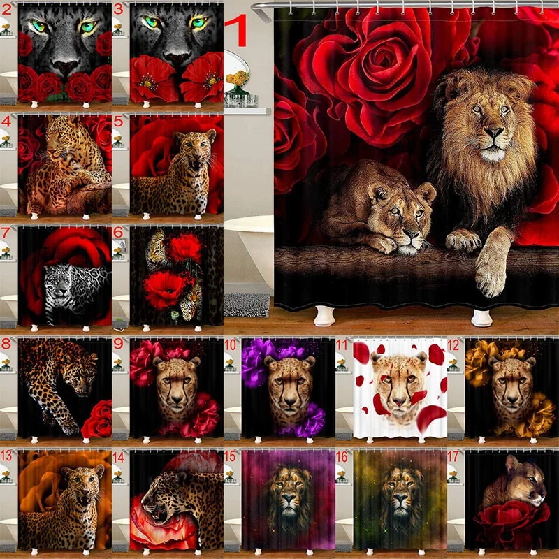 Waterproof Fabric Bathroom Decor Sets with Hooks, Wild Animal Shower Curtain, Lion, Tiger, Leopard, Flower Theme, Washable