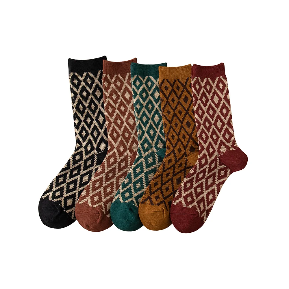 1 Pair Women Socks Spring Autumn Retro Style High Quality Men Couple Cotton Socks Little Diamond Pattern Retro Solid Color Socks