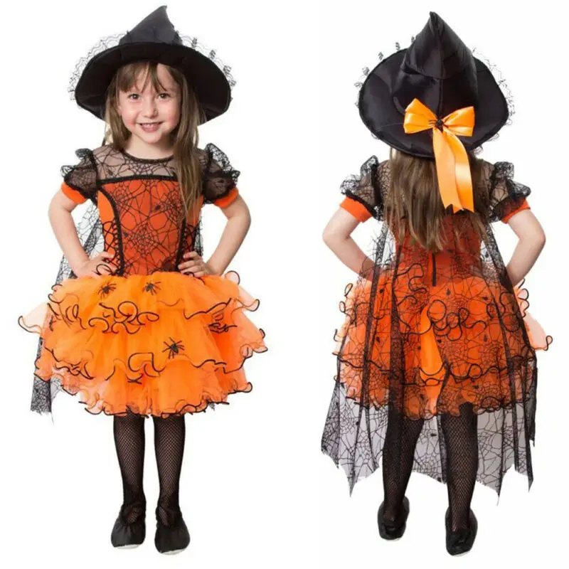 1-5Y Toddler Kids Baby Girls Halloween Dress Spider Cloak Witch Fancy Party Costume