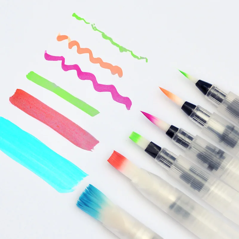 Refillable Water Brush Flat/Pointed Head 6 Different Size Soft Water Soluble Color Lead Solid Watercolor Paint Calligraphy Brush