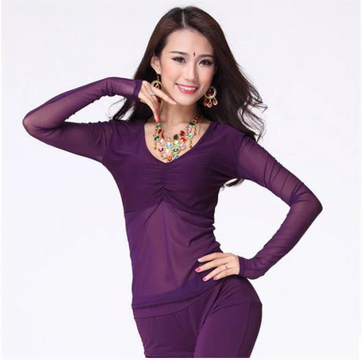 New arrival crystal cotton and mesh belly dance top momen long sleeves belly dance tops 9 colors sexy tops