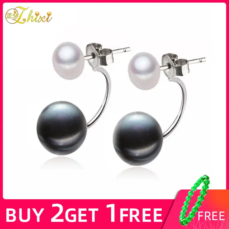 

ZHIXI Double Pearl Earrings Pearl Jewelry 925 -Sterling-Silver Natural Freshwater Pearl Stud Earrings Trendy Birthday Gift E169