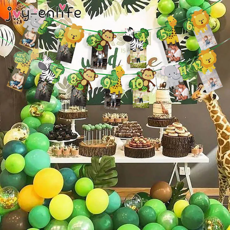 Jungle Animal Theme 1-12 Months Photo Frame Banner Baby 1st  Birthday Decorations Baby Boy Girl My First One Year Party Supplies image 2